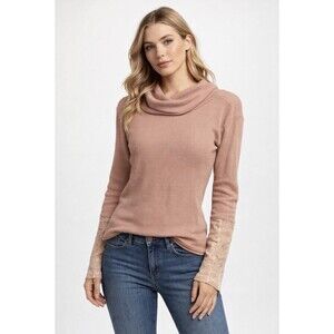 Sundance Woman’s Long Sleeve Waffle Cowl Neck Sweatshirt Pattern Lace Cuff  SZ M